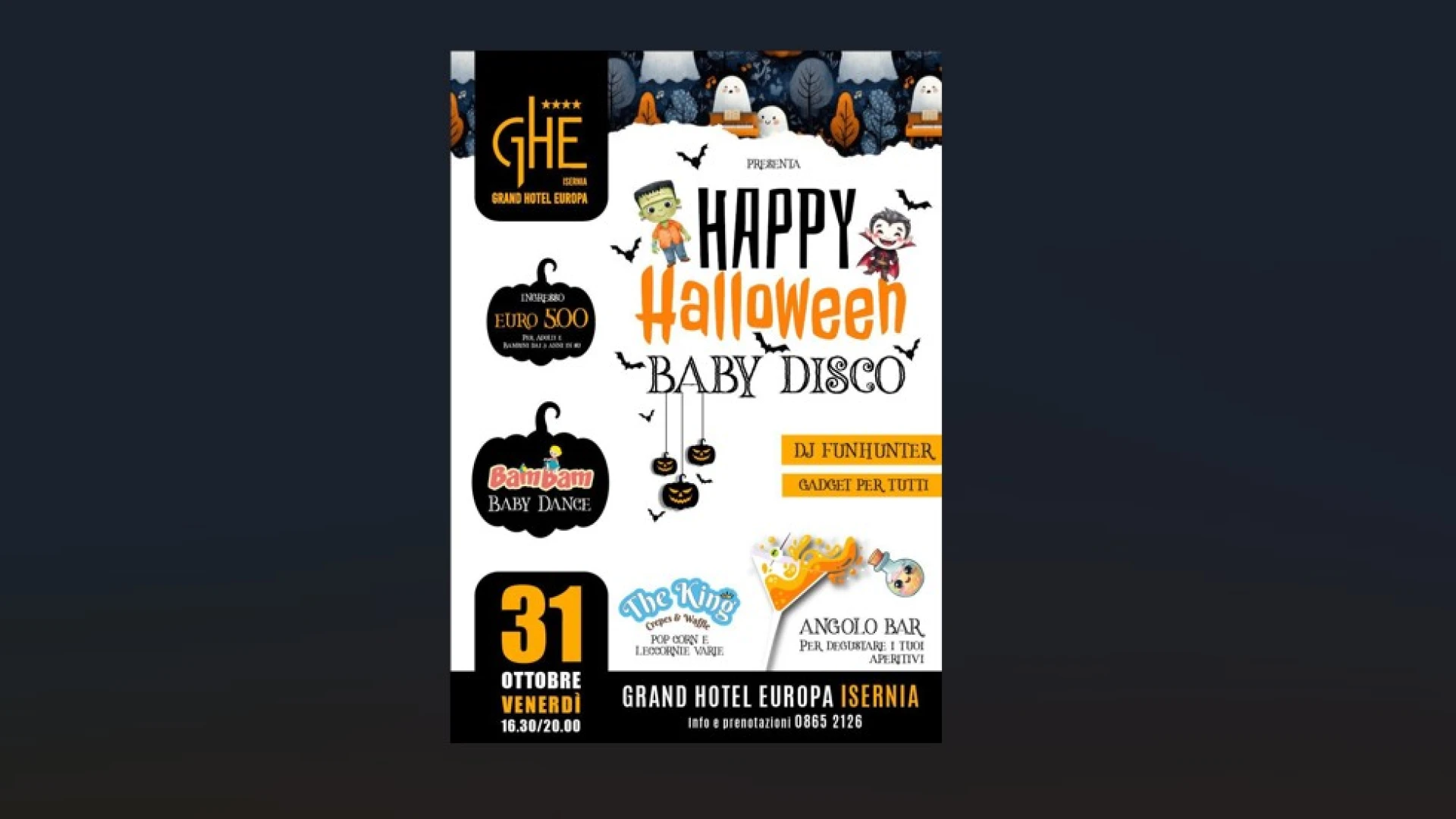 Isernia: Happy Halloween Baby Disco al Grand Hotel Europa. Una festa interamente dedicata ai bambini.